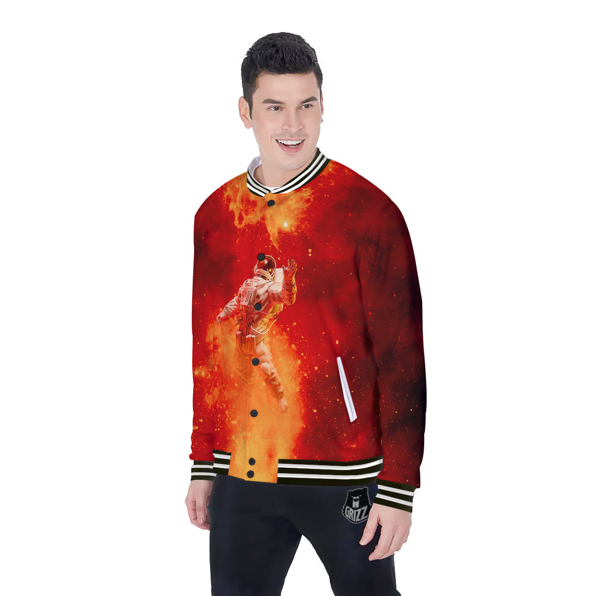 Fire Astronaut Print Baseball Jacket-grizzshop