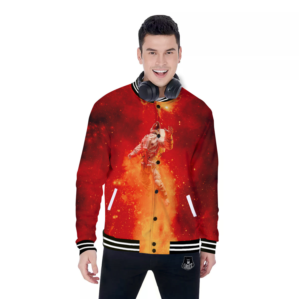 Fire Astronaut Print Baseball Jacket-grizzshop