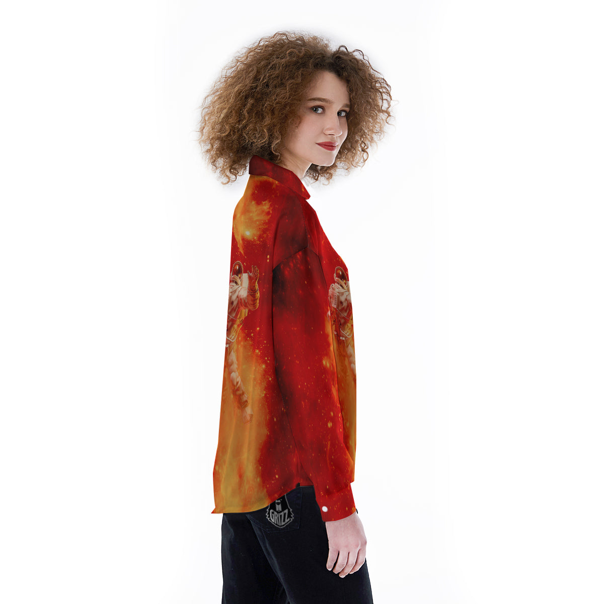 Fire Astronaut Print Women's Long Sleeve Shirts-grizzshop