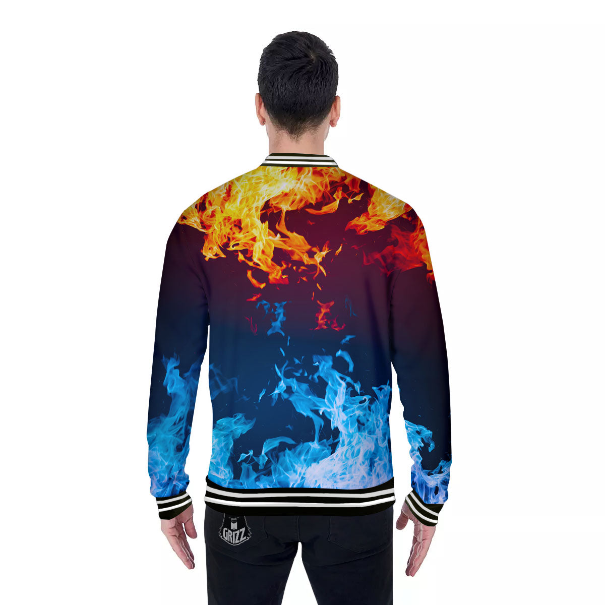 Fire Blue And Red Print Baseball Jacket-grizzshop