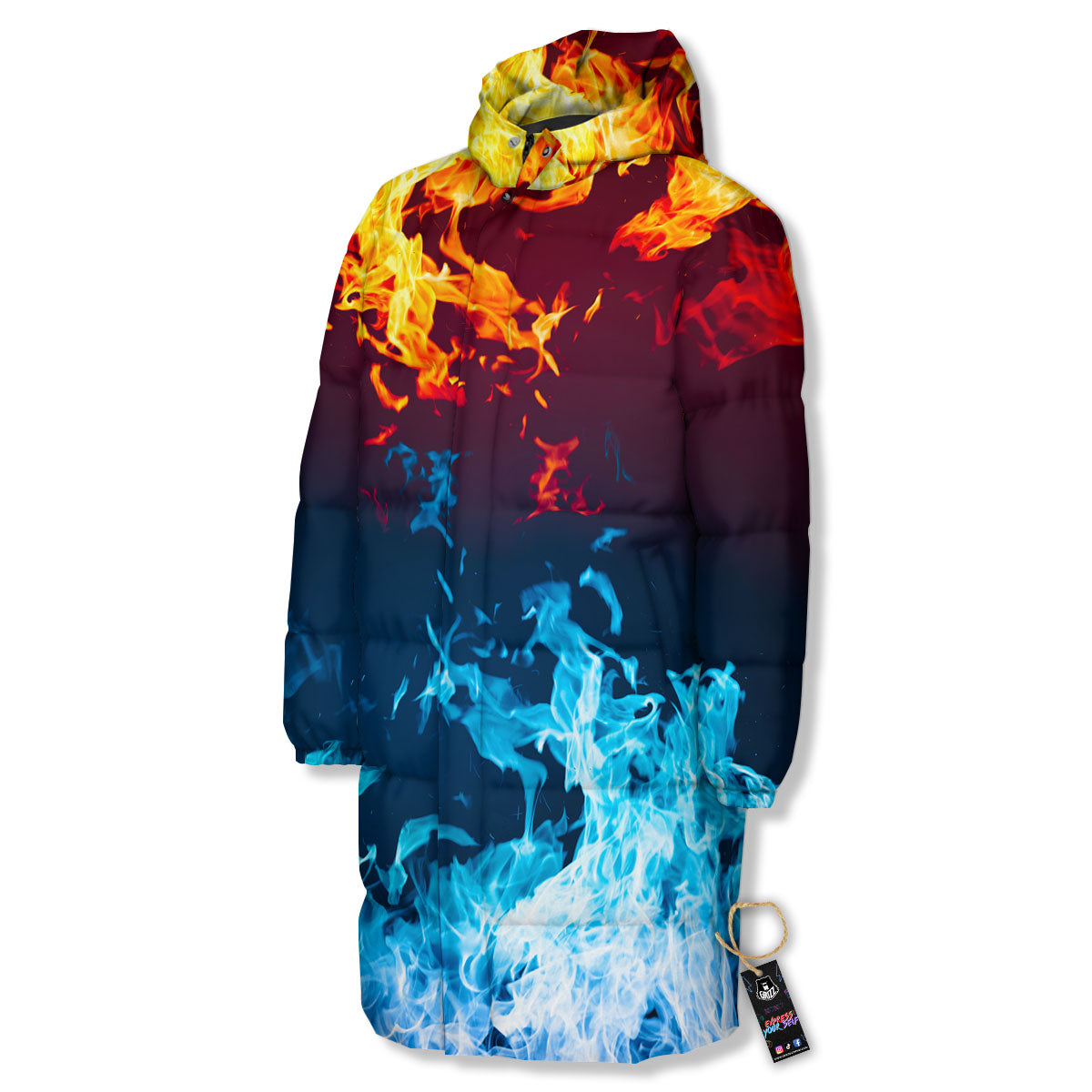 Fire Blue And Red Print Long Down Jacket-grizzshop