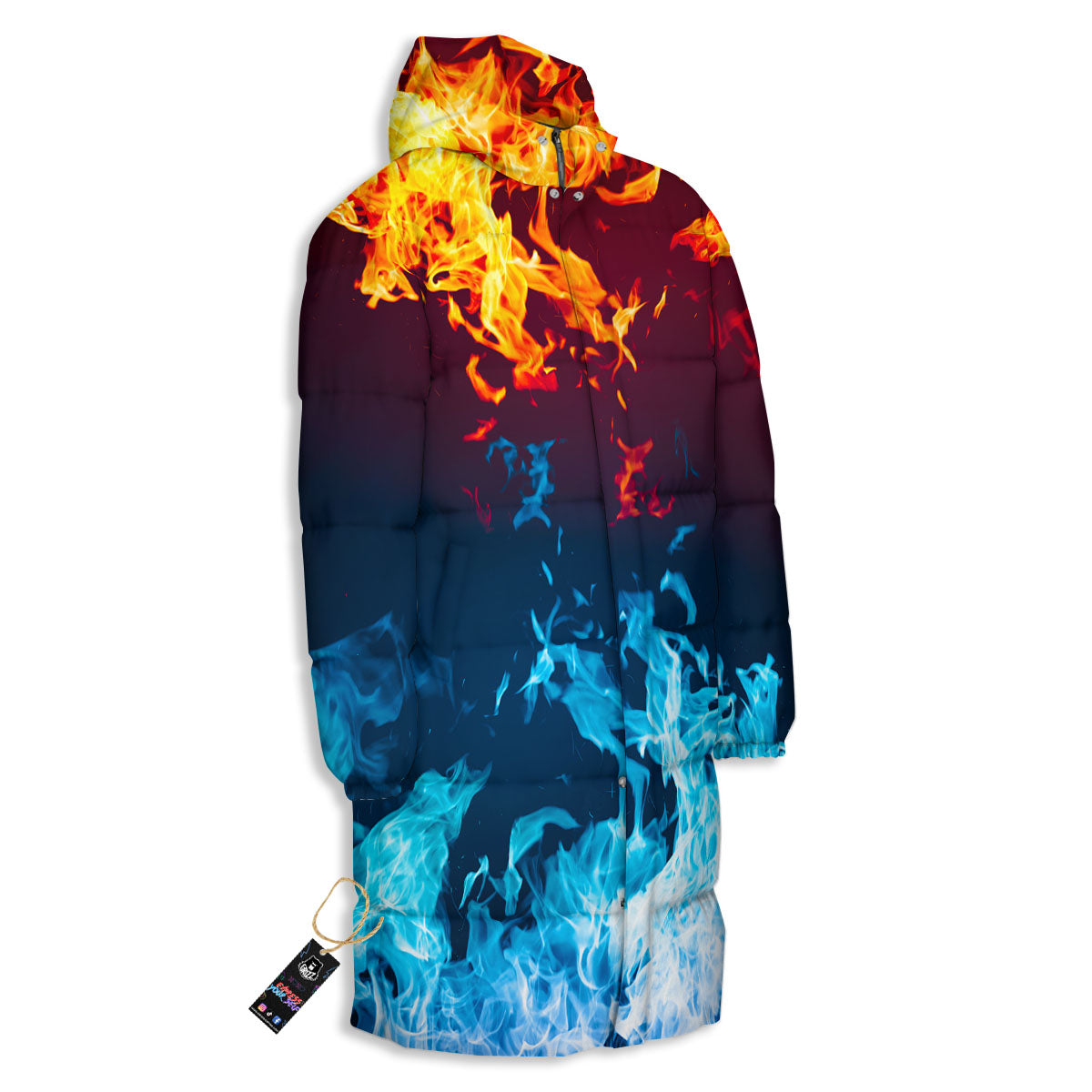 Fire Blue And Red Print Long Down Jacket-grizzshop