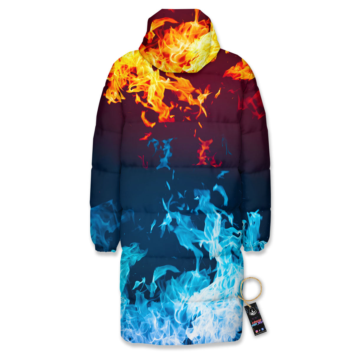 Fire Blue And Red Print Long Down Jacket-grizzshop