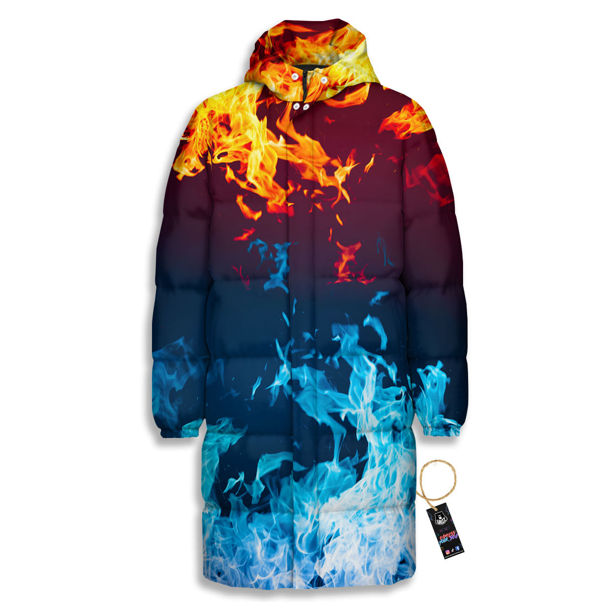 Fire Blue And Red Print Long Down Jacket-grizzshop