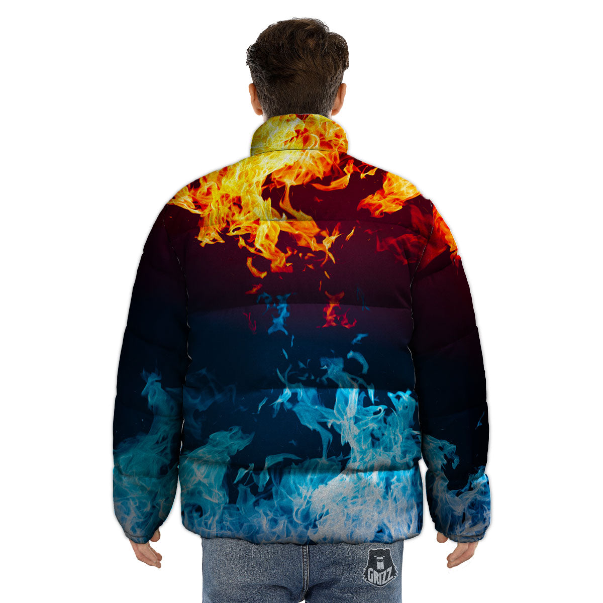 Fire Blue And Red Print Puffer Jacket-grizzshop