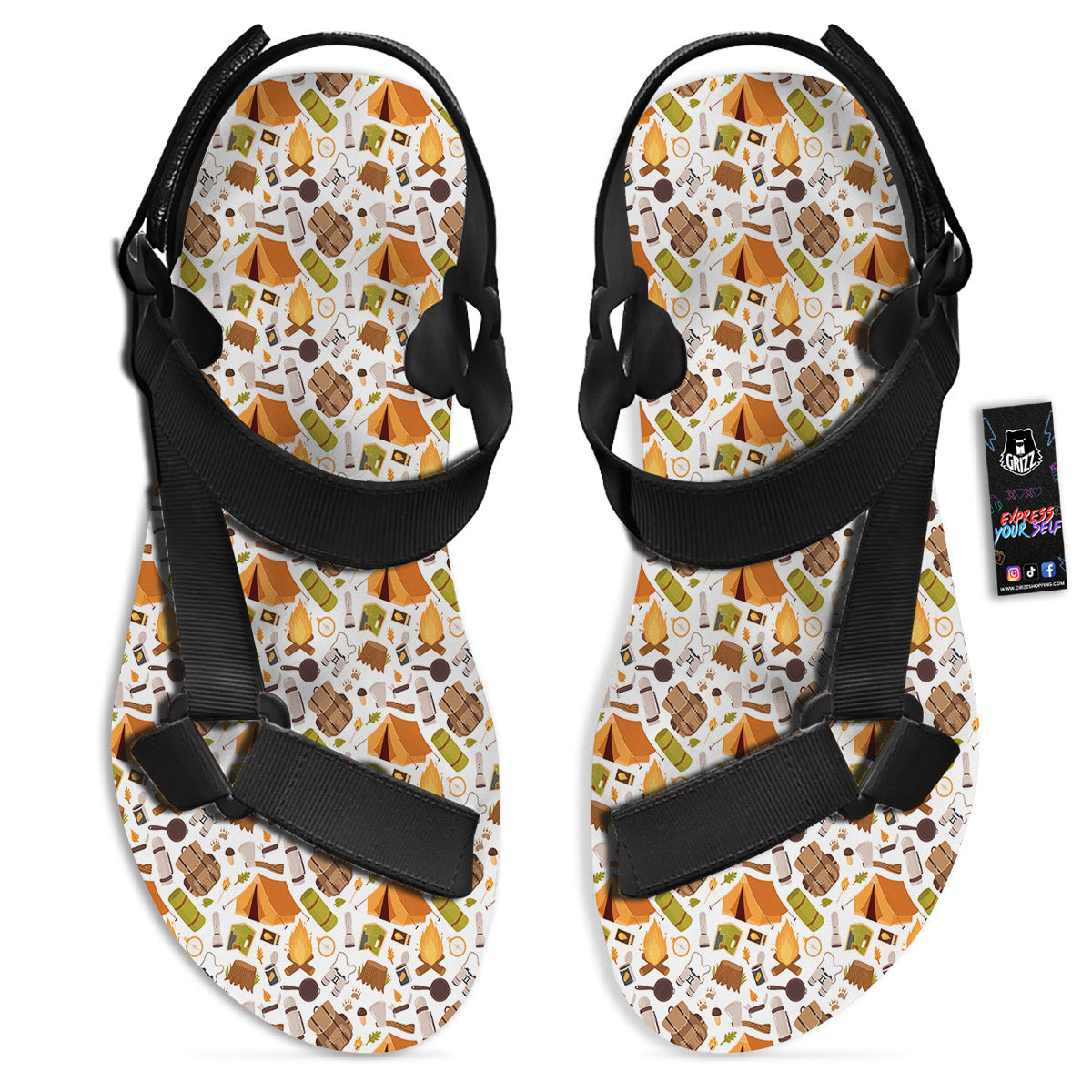 Fire Camping Print Pattern Black Open Toe Sandals-grizzshop