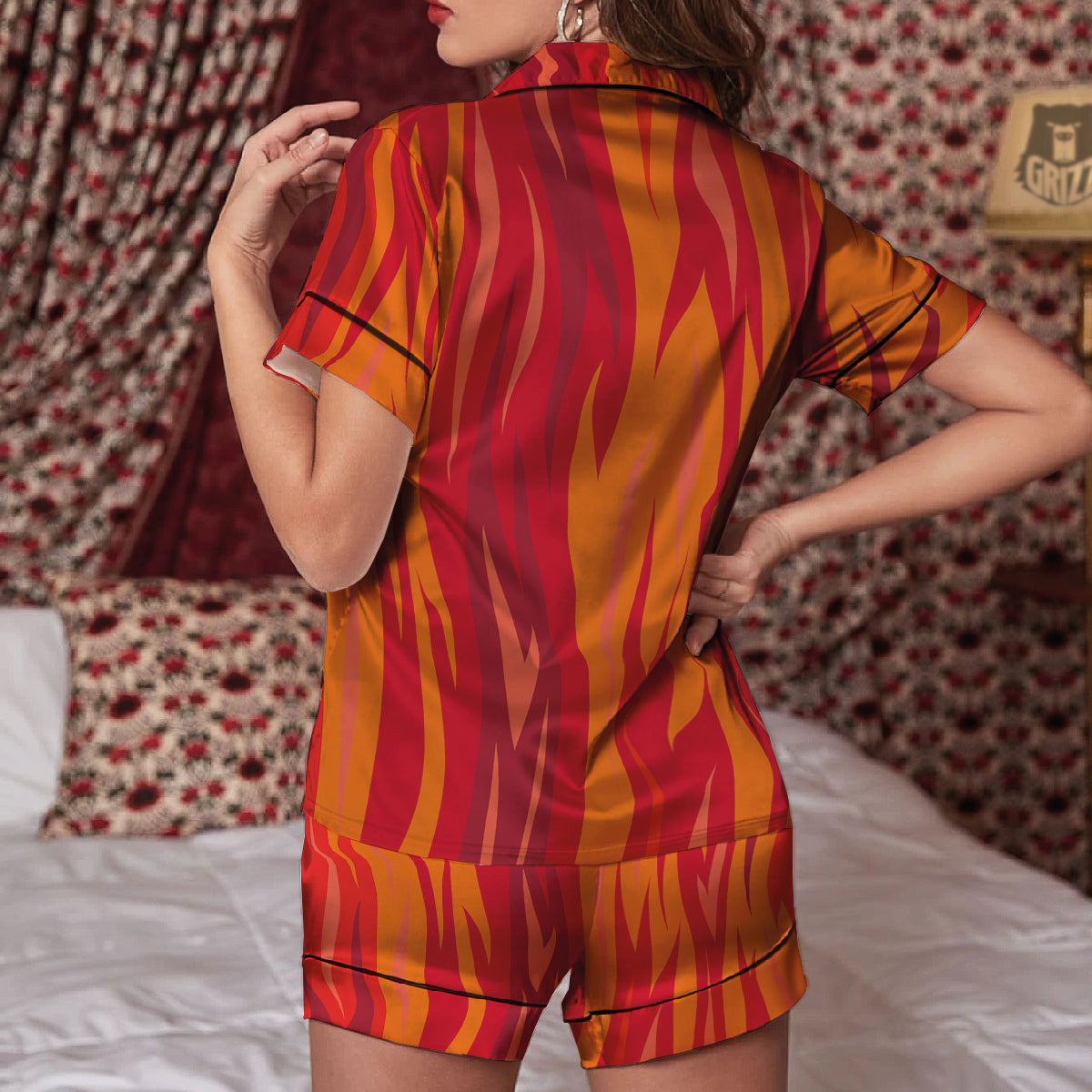 Fire In Hell Print Pattern Women Silk Pajamas-grizzshop