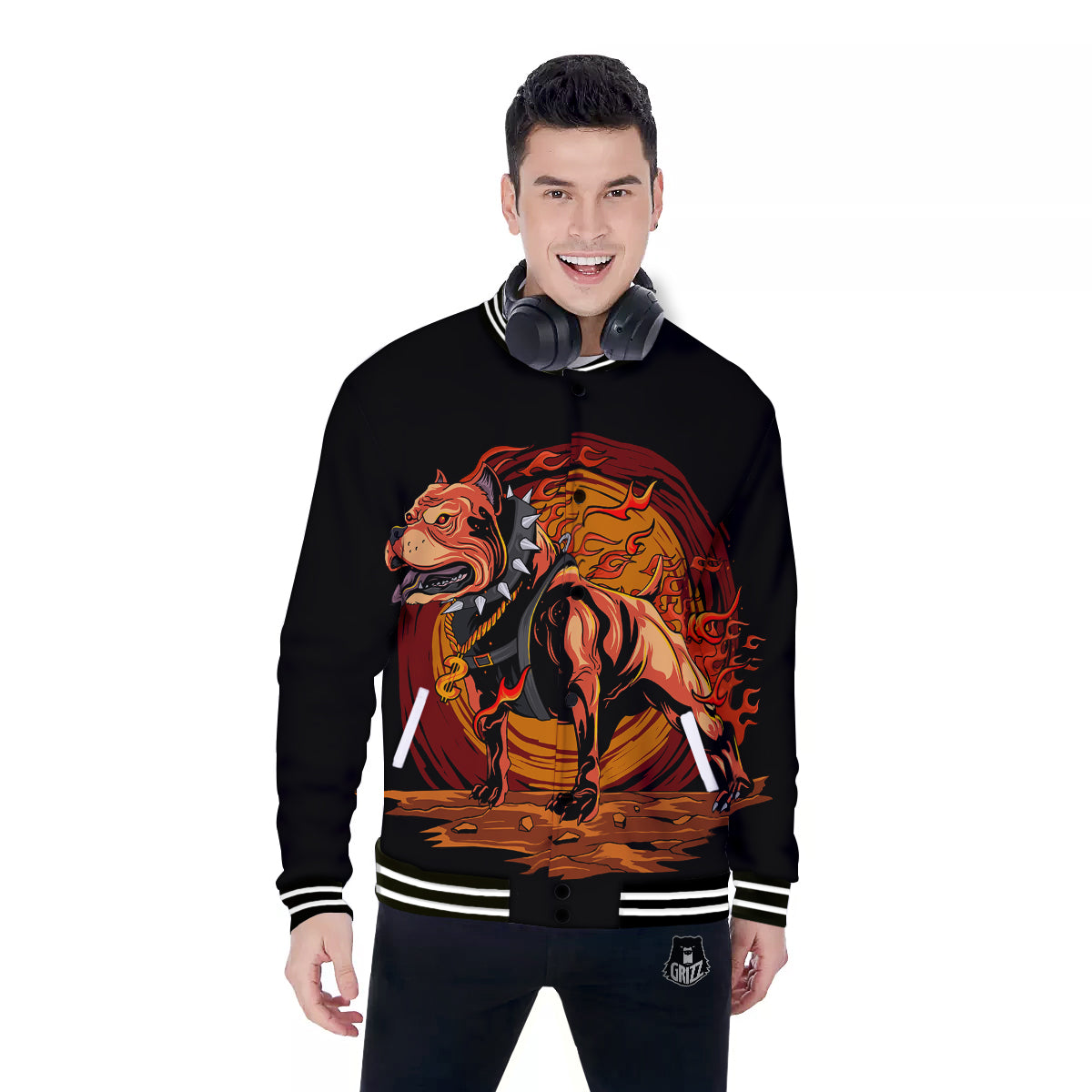 Fire Pitbull Print Baseball Jacket-grizzshop