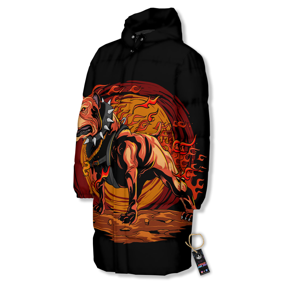 Fire Pitbull Print Long Down Jacket-grizzshop