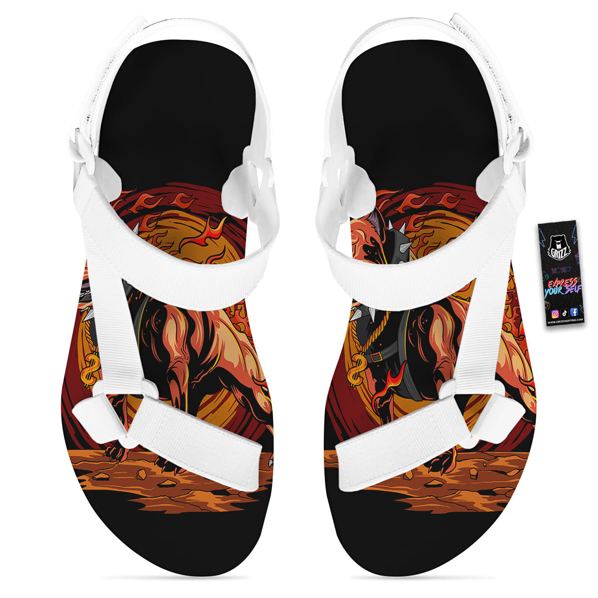 Fire Pitbull Print White Open Toe Sandals-grizzshop