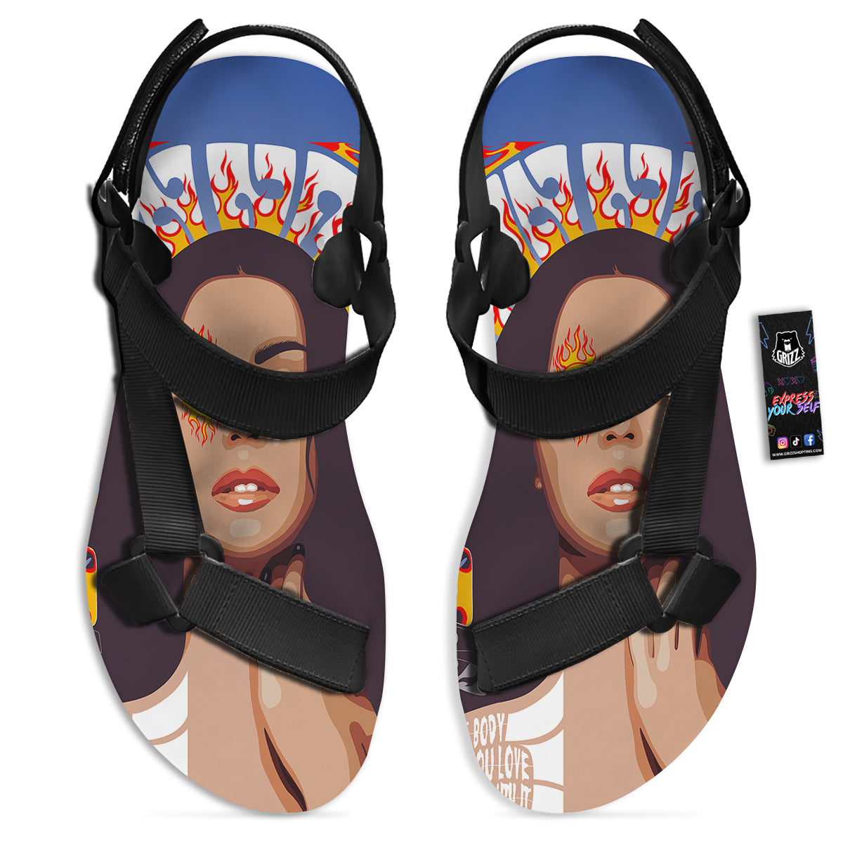 Fire Psychedelic Women Print Black Open Toe Sandals-grizzshop