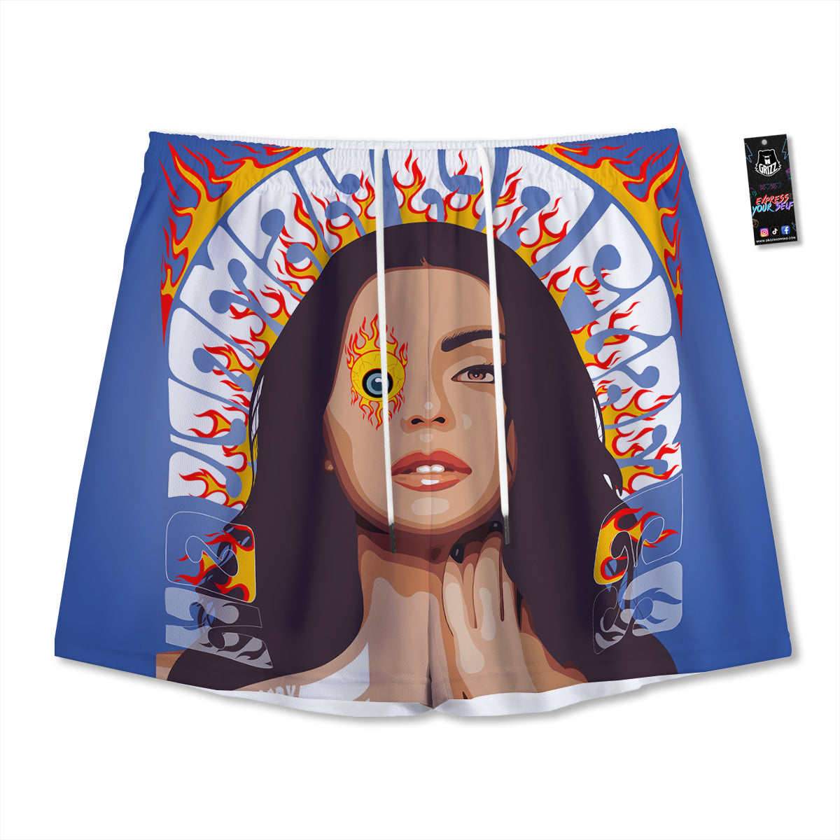 Horse Painting Dark Blue Print Mesh Shorts