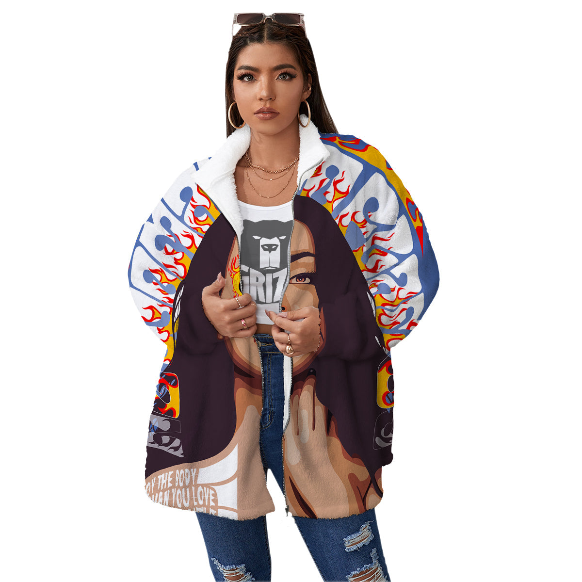 Fire Psychedelic Women Print Women's Sherpa Jacket-grizzshop