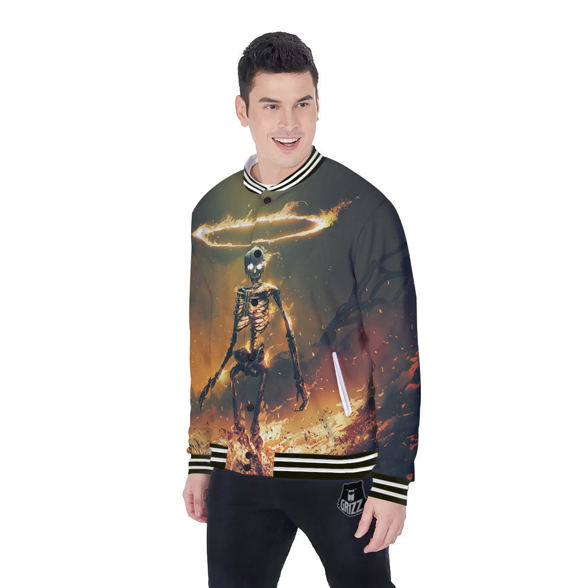 Fire Skeleton Print Baseball Jacket-grizzshop