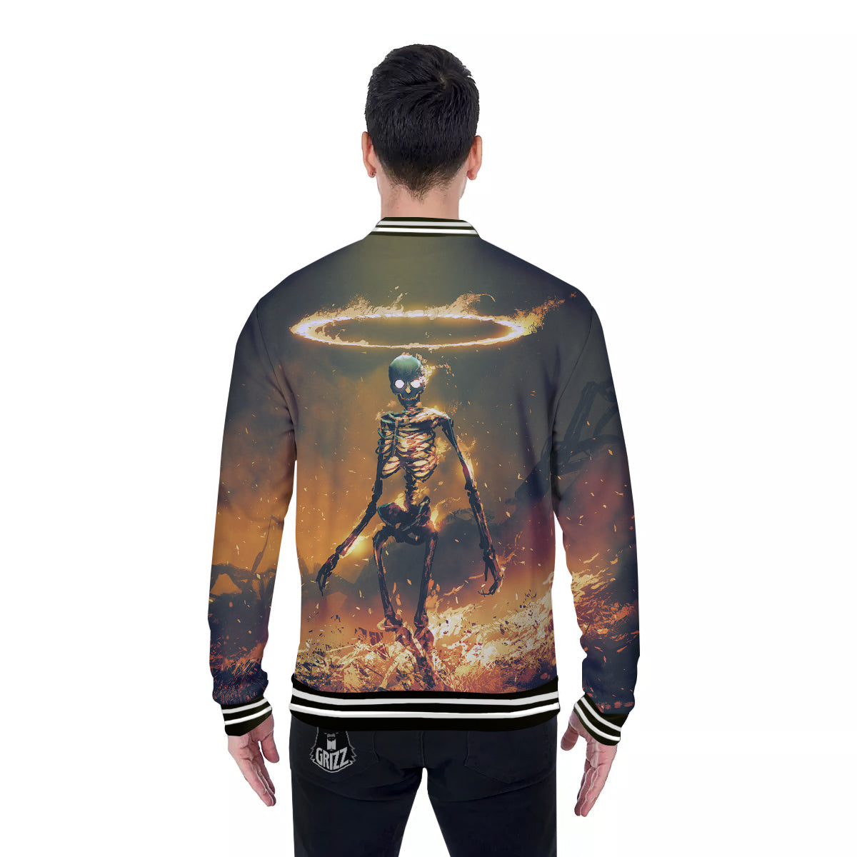 Fire Skeleton Print Baseball Jacket-grizzshop