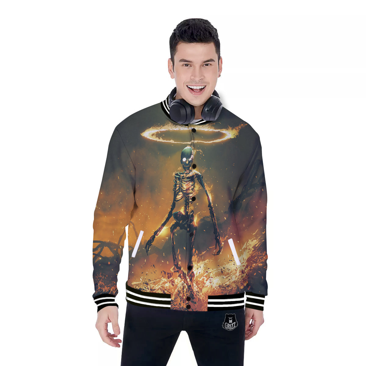 Fire Skeleton Print Baseball Jacket-grizzshop