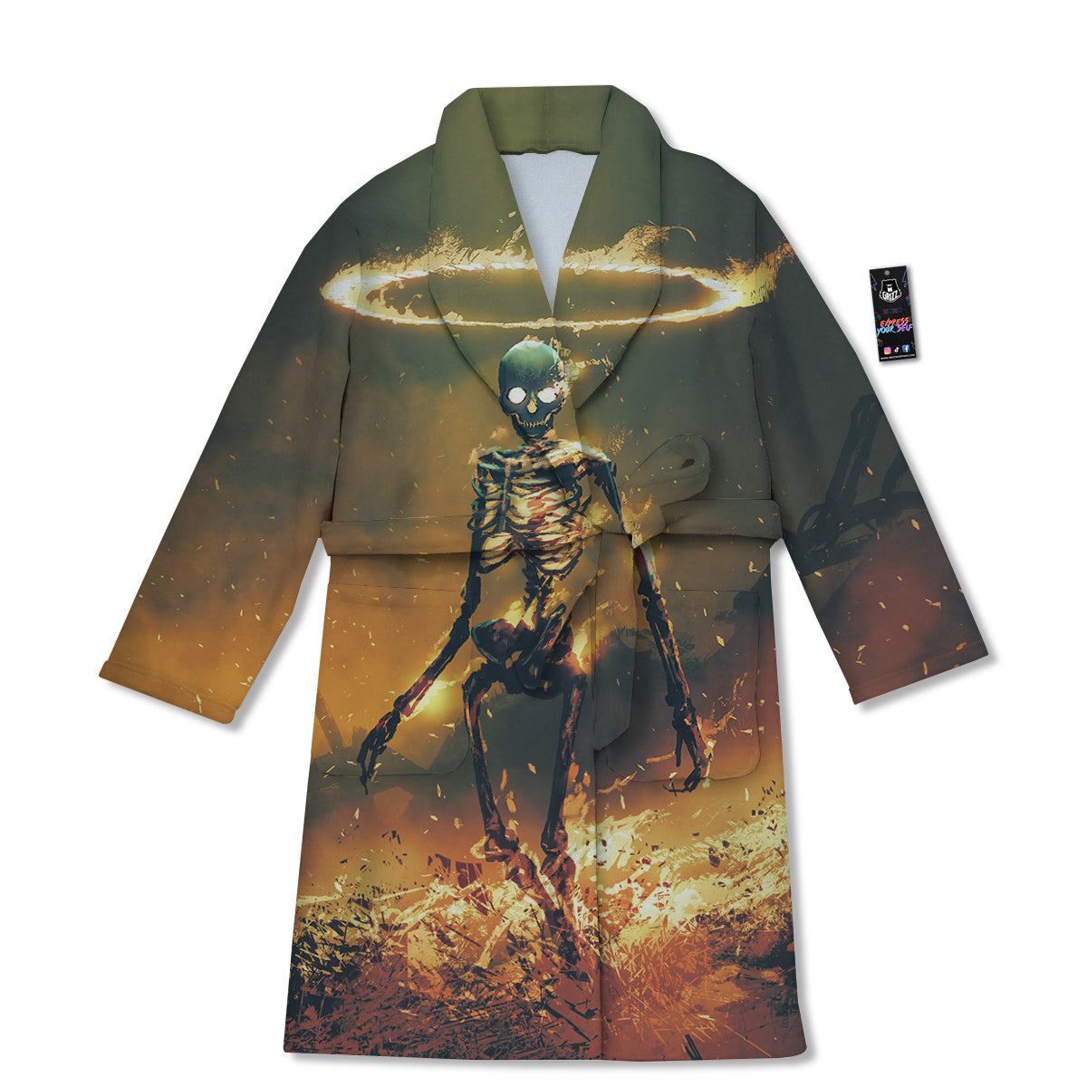 Fire Skeleton Print Bathrobe-grizzshop