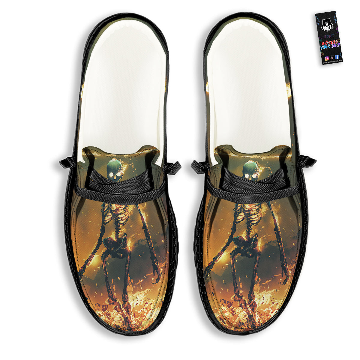 Fire Skeleton Print Black Loafers-grizzshop