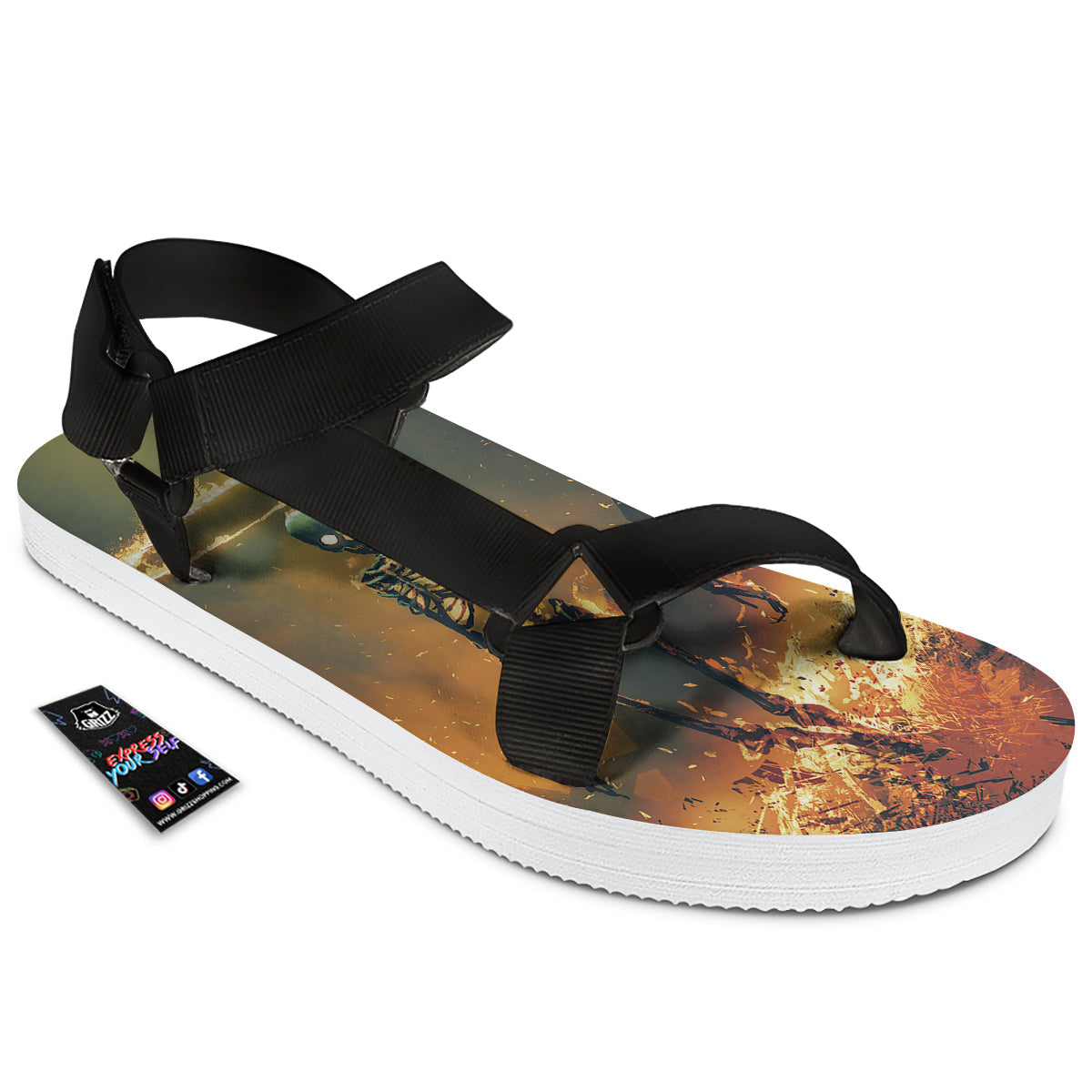 Fire Skeleton Print Black Open Toe Sandals-grizzshop