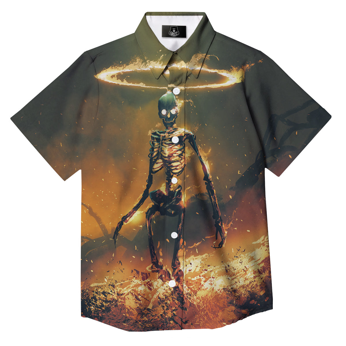 Fire Skeleton Print Button Up Shirt-grizzshop