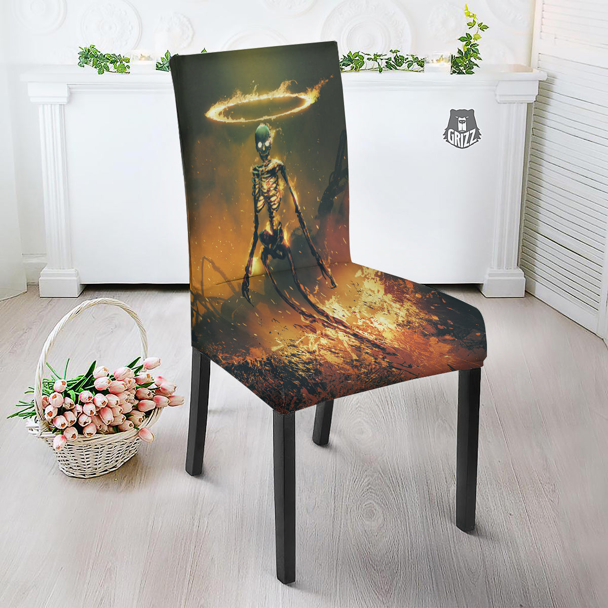 Fire Skeleton Print Dining Chair Slipcover-grizzshop