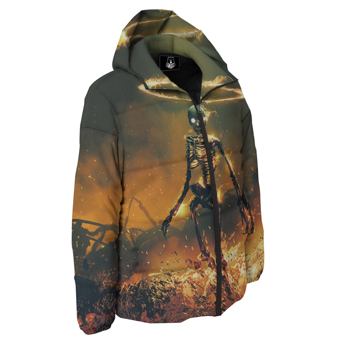 Fire Skeleton Print Down Jacket-grizzshop