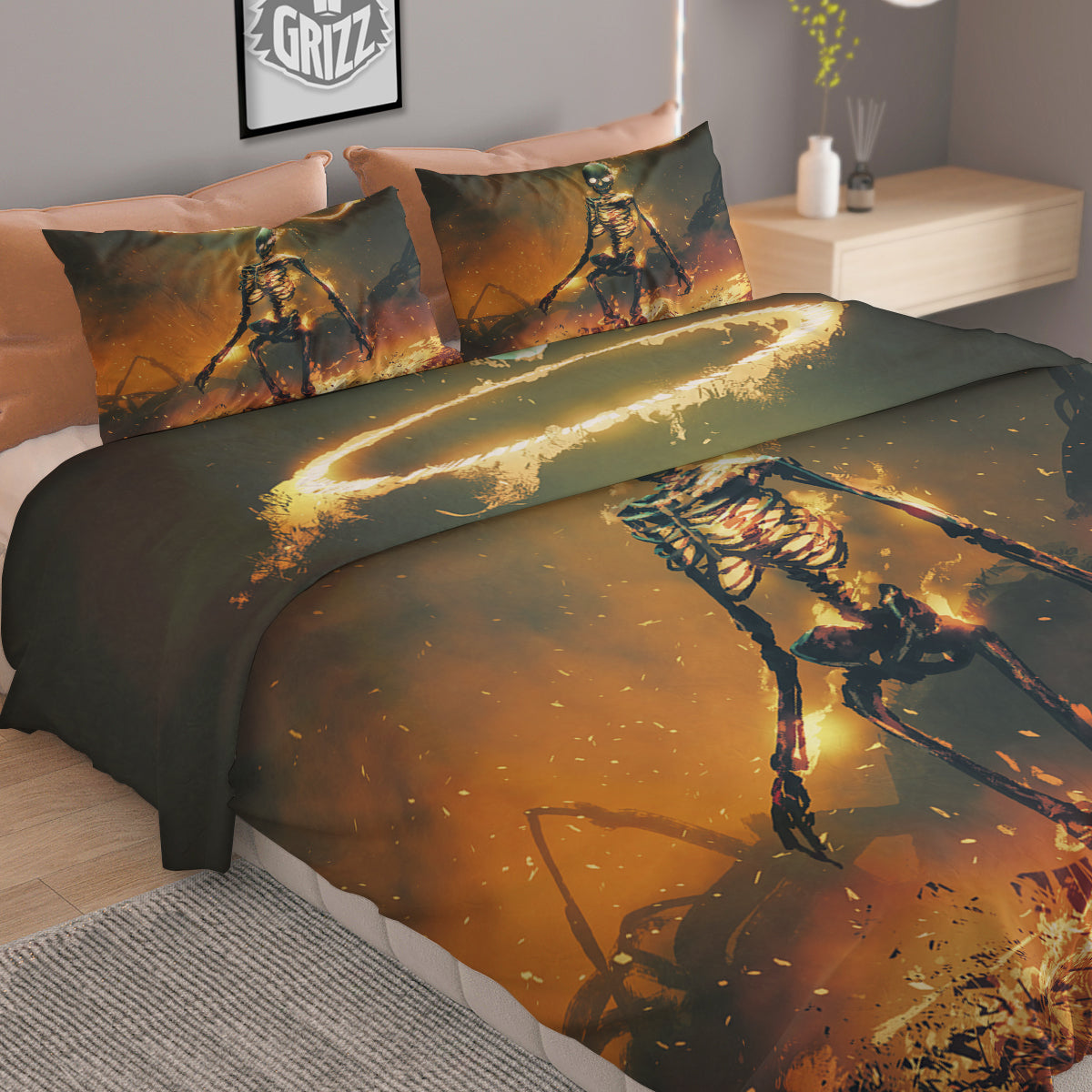 Fire Skeleton Print Duvet Cover Bedding Set