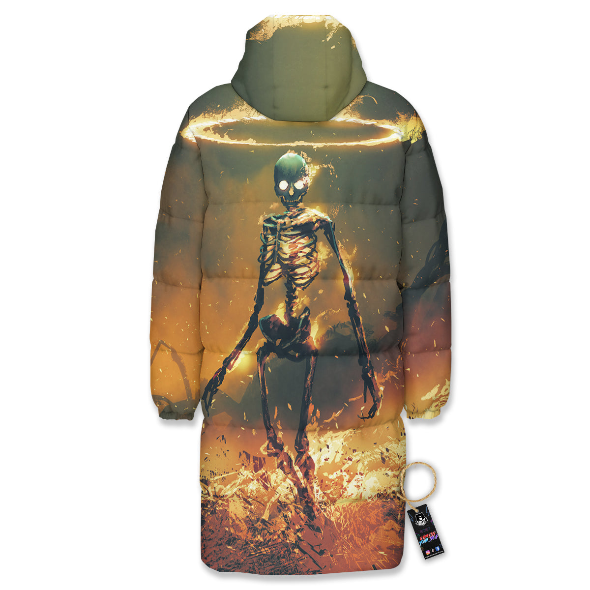 Fire Skeleton Print Long Down Jacket-grizzshop