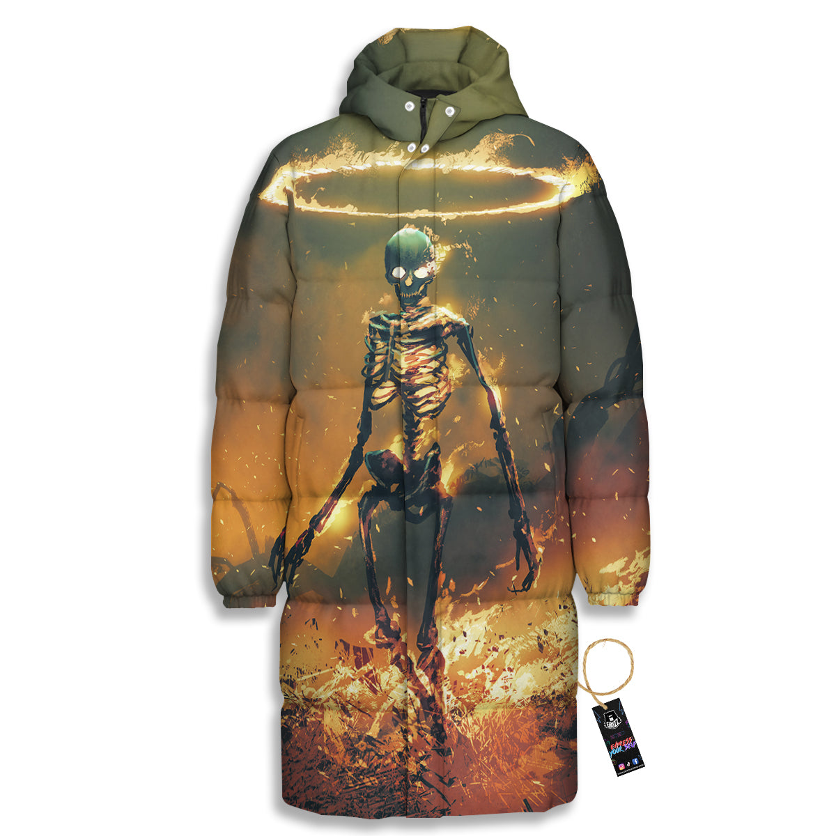 Fire Skeleton Print Long Down Jacket-grizzshop