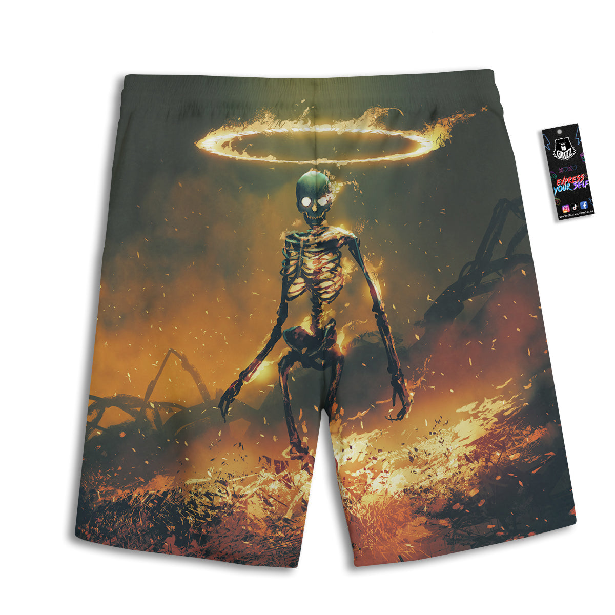 Fire Skeleton Print Men's Athletic Shorts