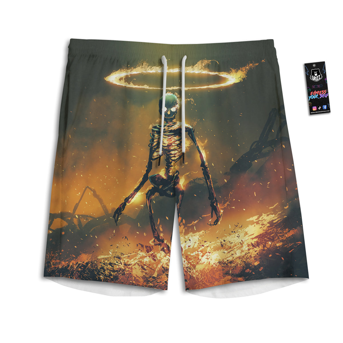 Fire Skeleton Print Men's Athletic Shorts