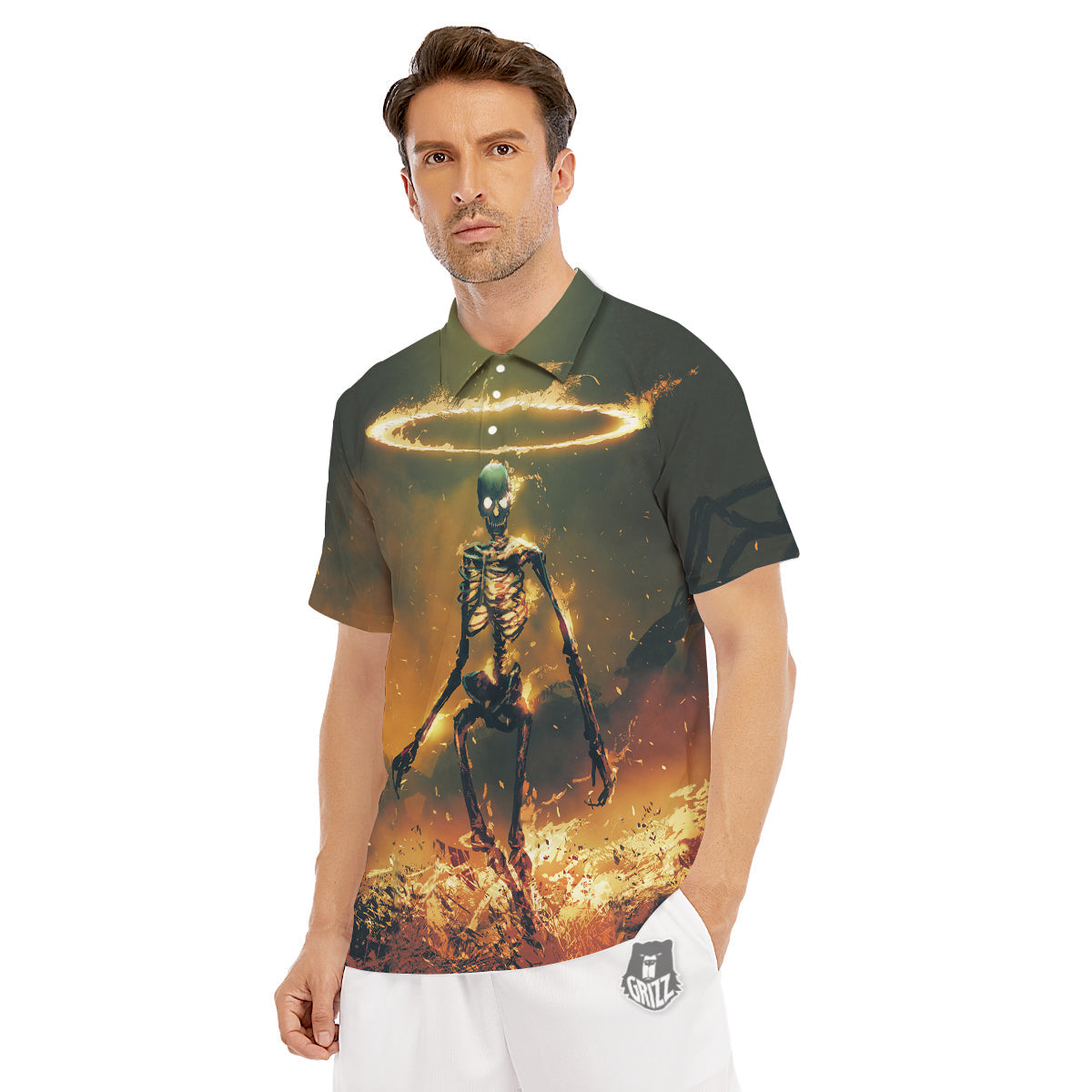 Fire Skeleton Print Men's Golf Shirts-grizzshop