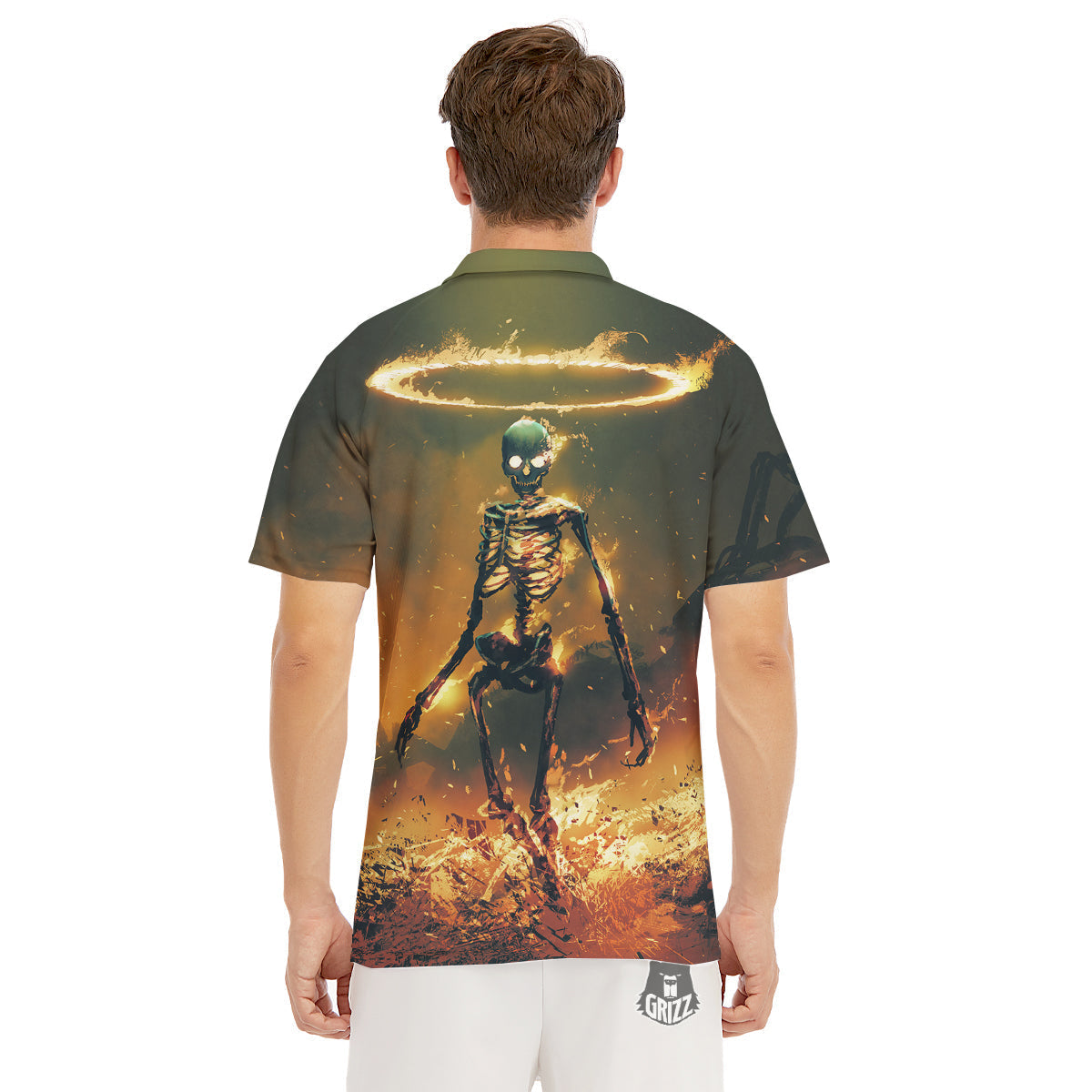 Fire Skeleton Print Men's Golf Shirts-grizzshop