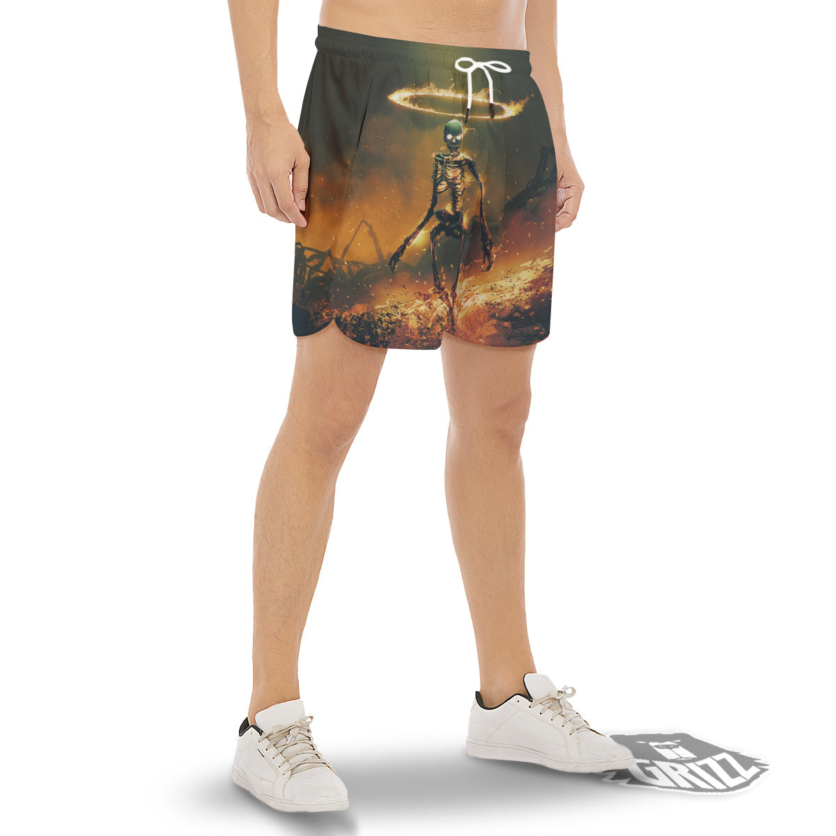 Fire Skeleton Print Men's Gym Shorts-grizzshop