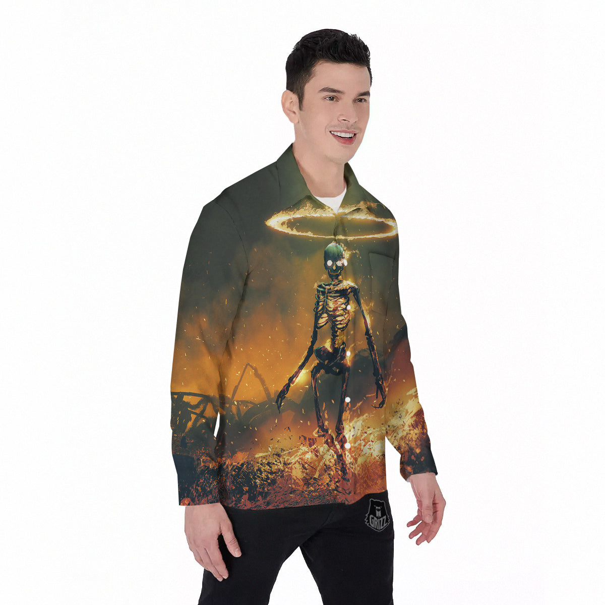 Fire Skeleton Print Men's Long Sleeve Shirts-grizzshop