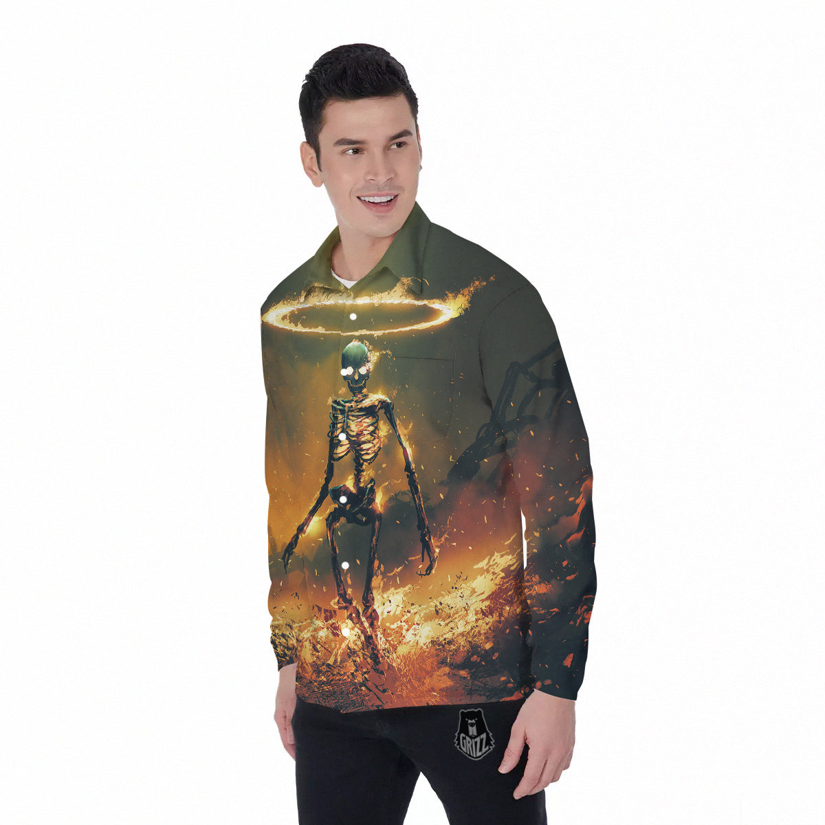 Fire Skeleton Print Men's Long Sleeve Shirts-grizzshop