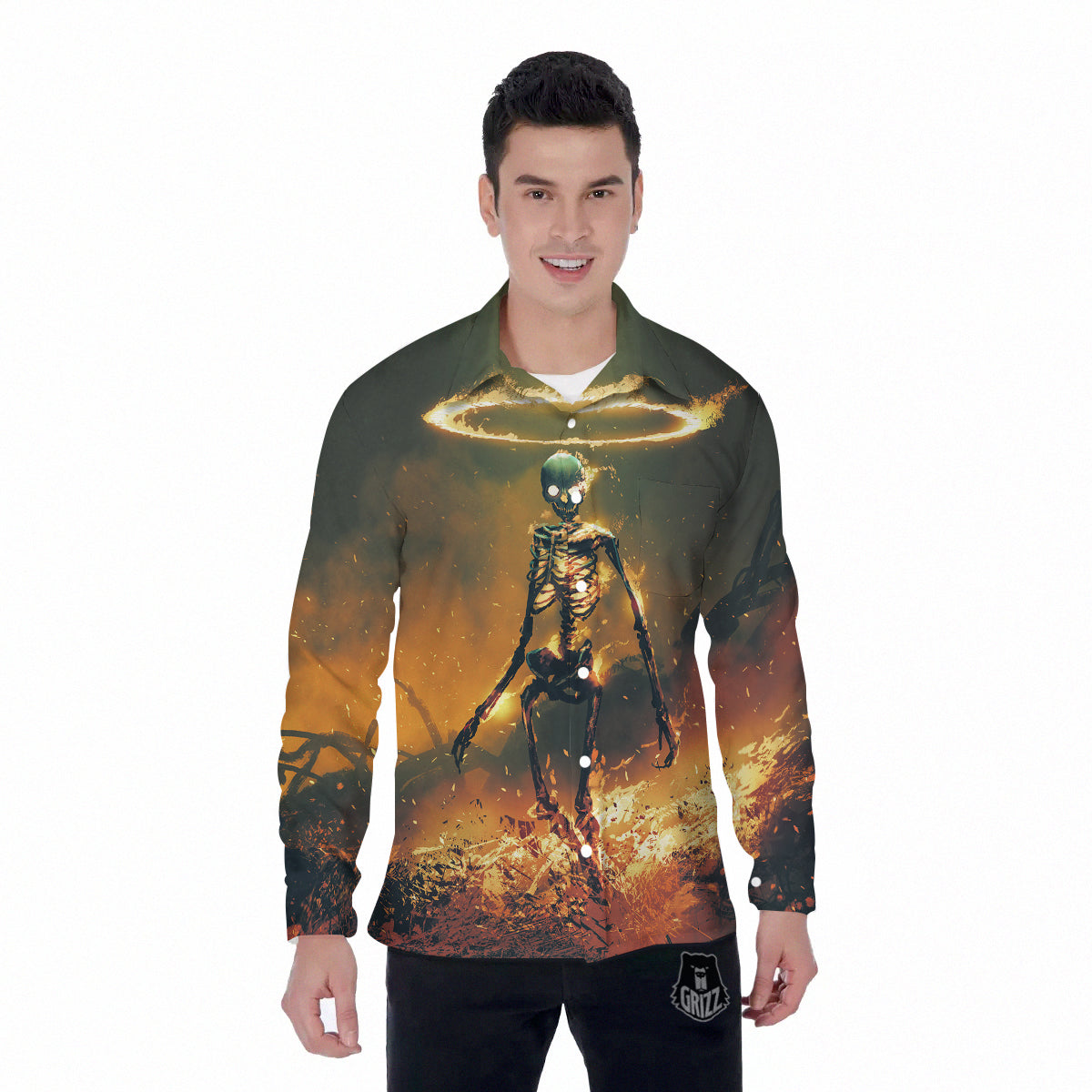 Fire Skeleton Print Men's Long Sleeve Shirts-grizzshop