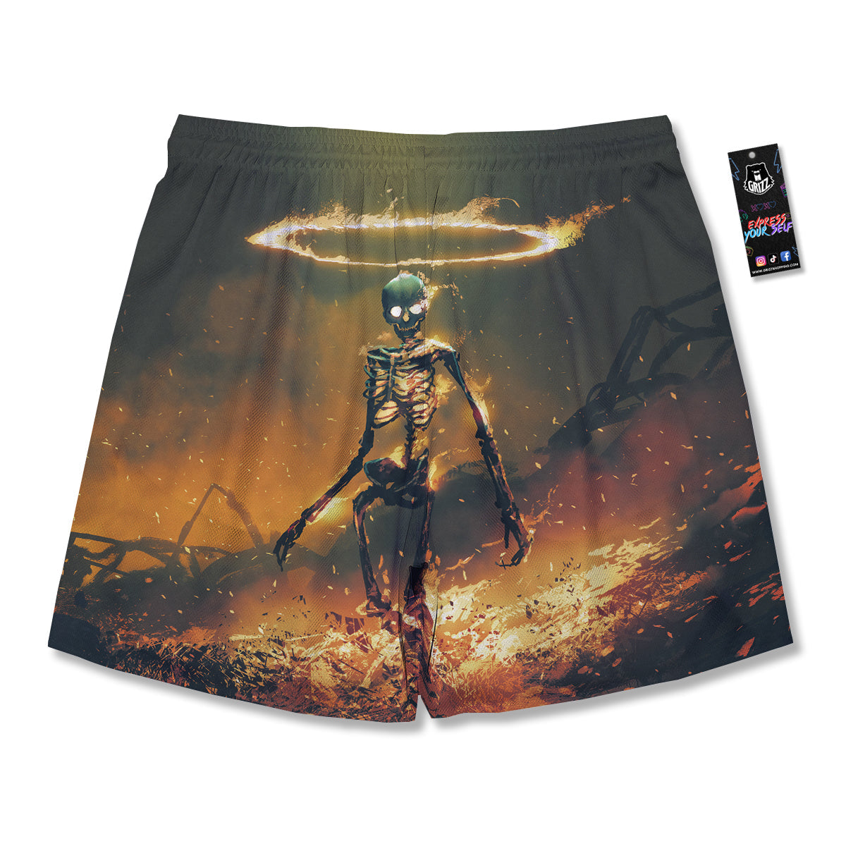 Fire Skeleton Print Men's Running Shorts-grizzshop