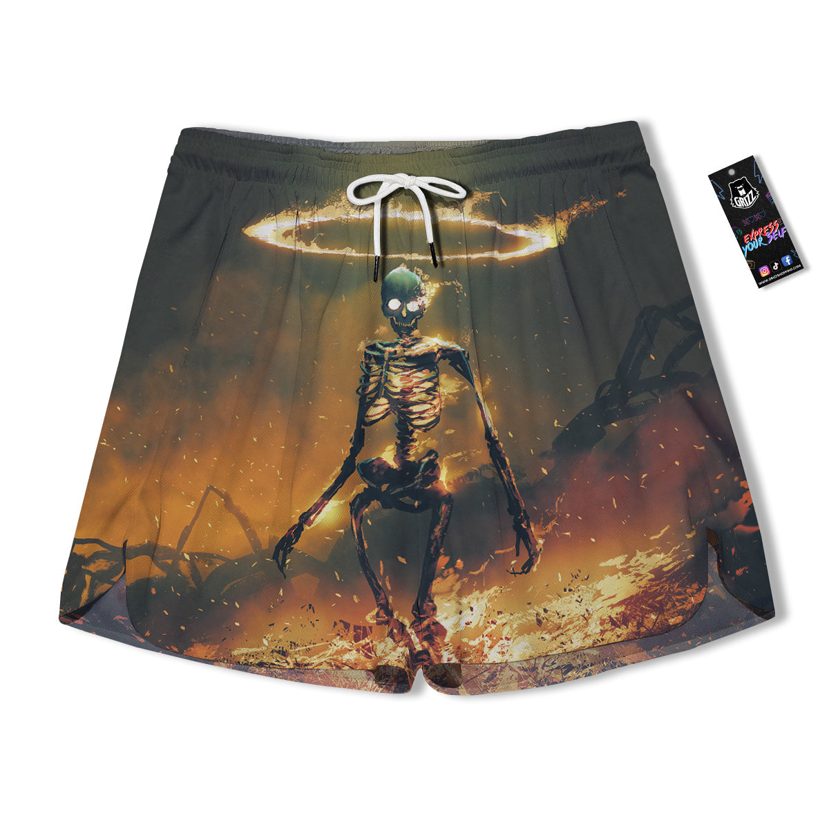 Fire Skeleton Print Men's Running Shorts-grizzshop