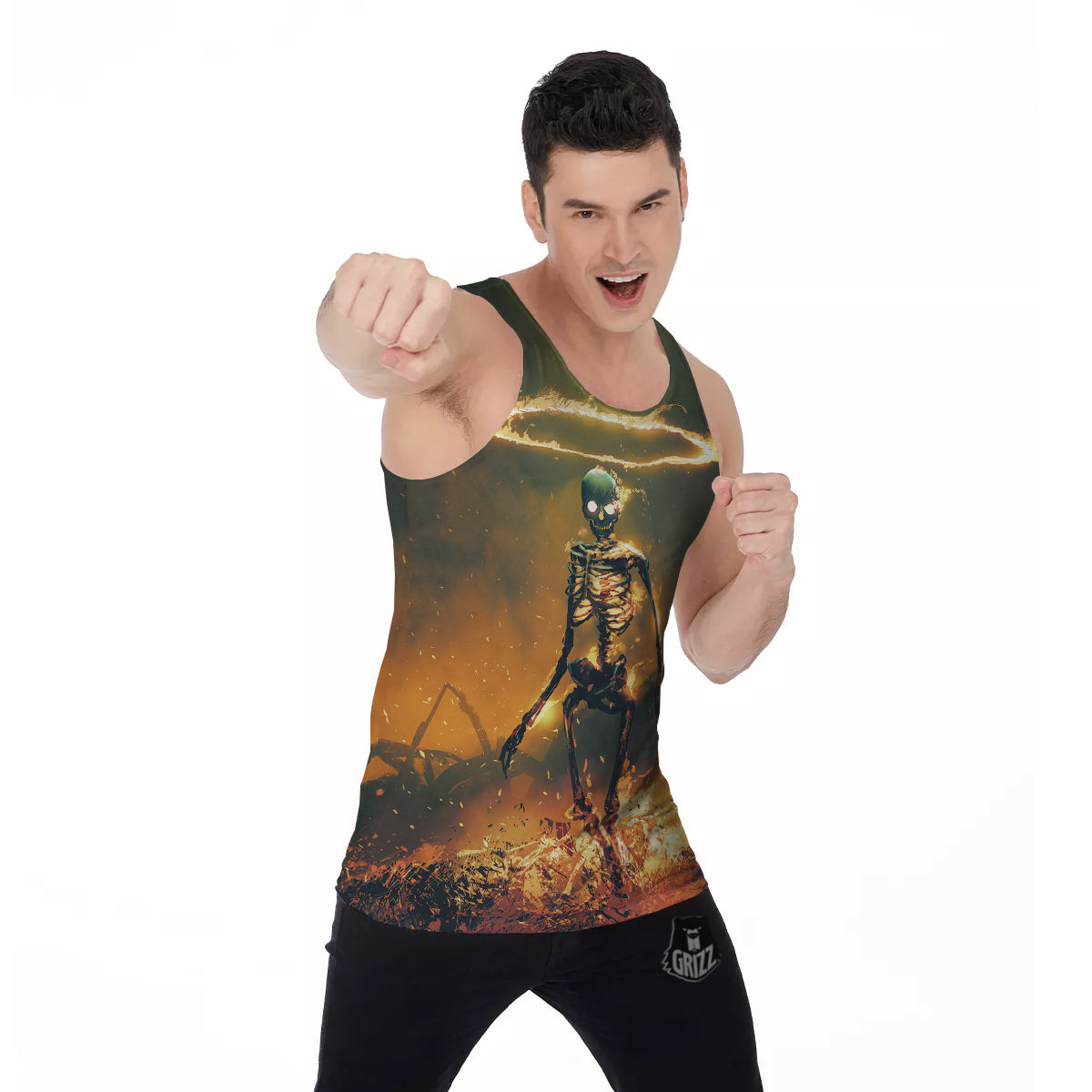 Fire Skeleton Print Men's Tank Top-grizzshop