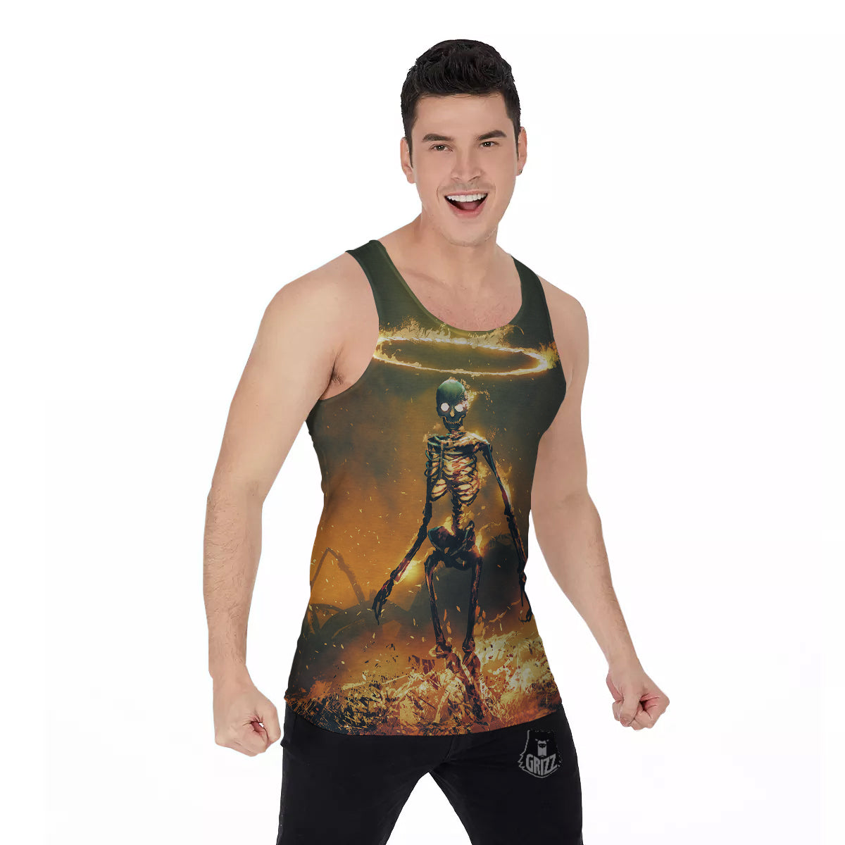 Fire Skeleton Print Men's Tank Top-grizzshop