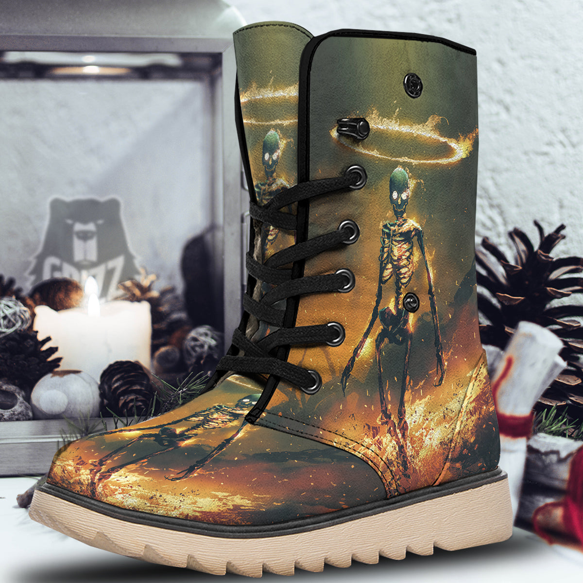 Fire Skeleton Print Snow Boots-grizzshop
