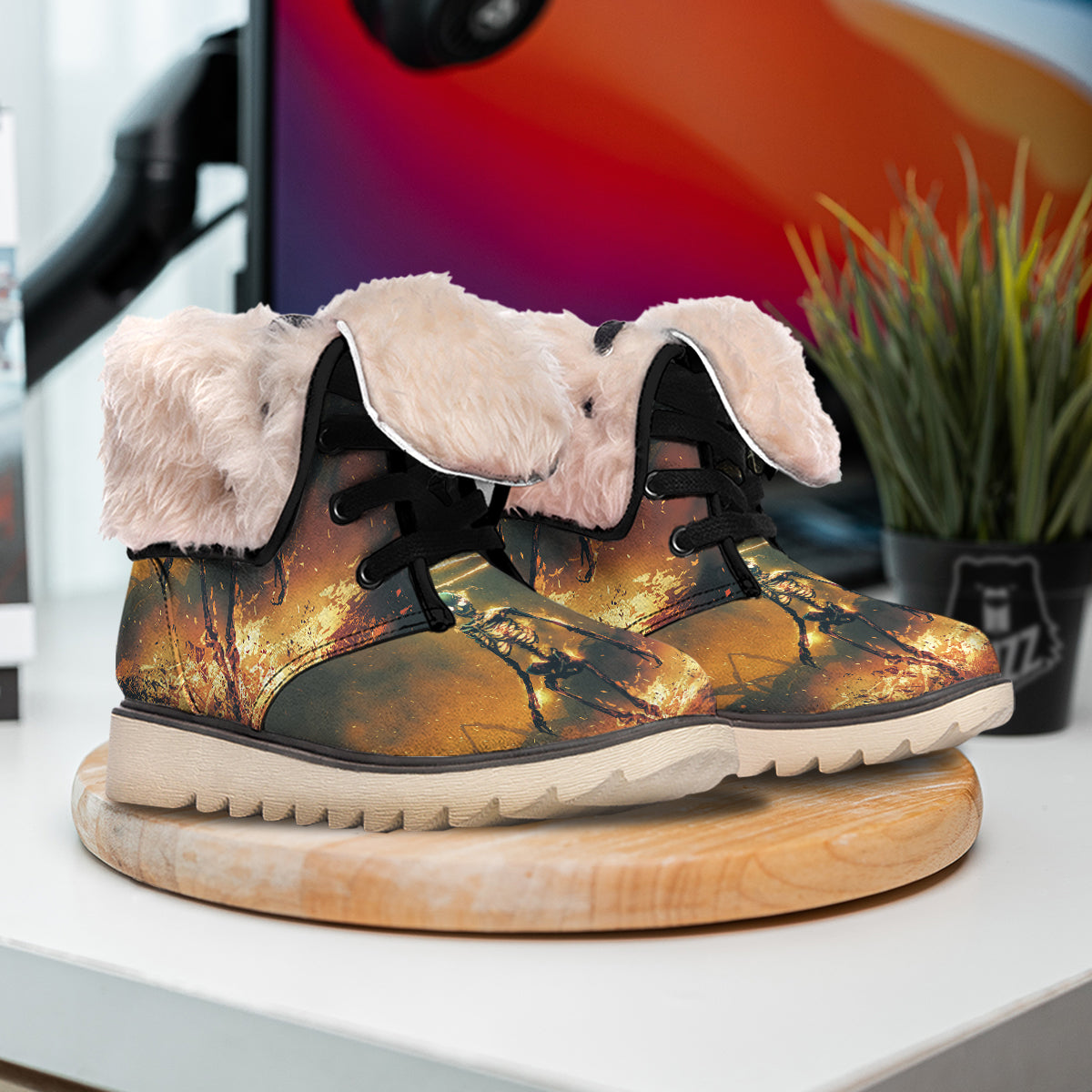 Fire Skeleton Print Snow Boots-grizzshop