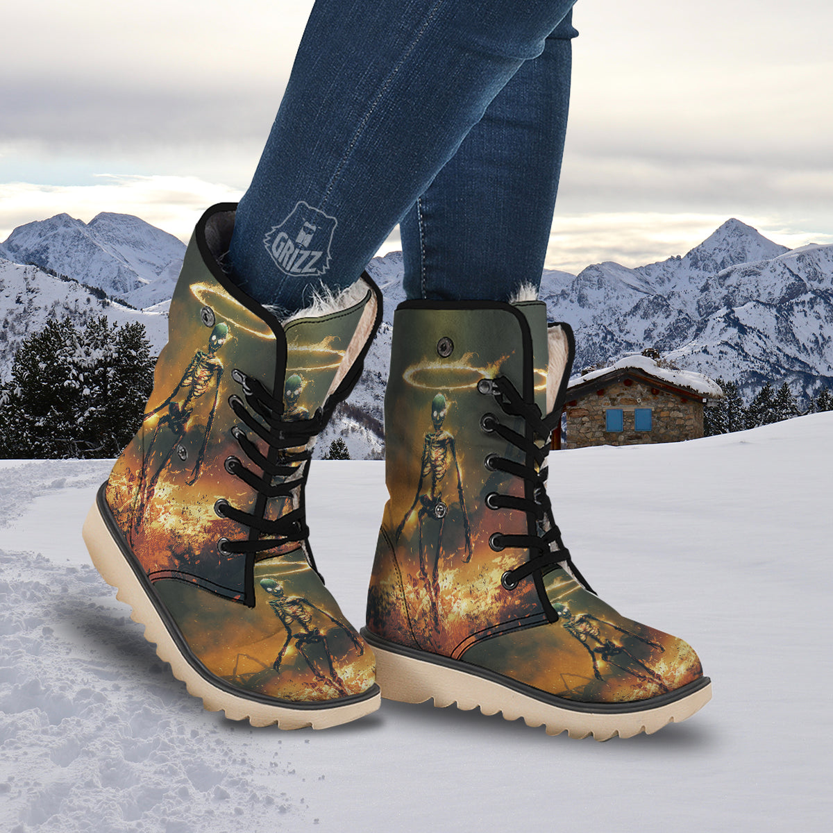 Fire Skeleton Print Snow Boots-grizzshop