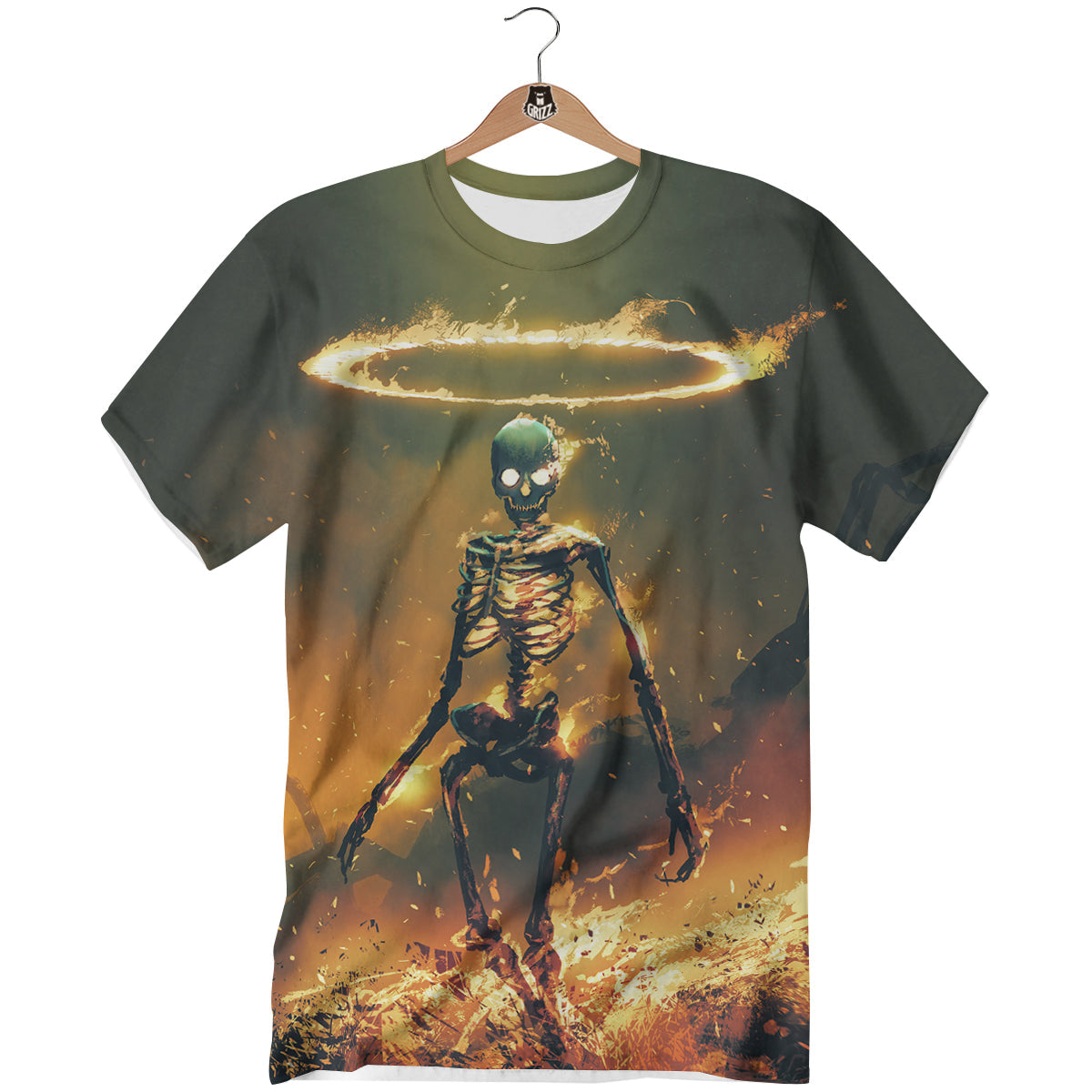 Fire Skeleton Print T-Shirt-grizzshop