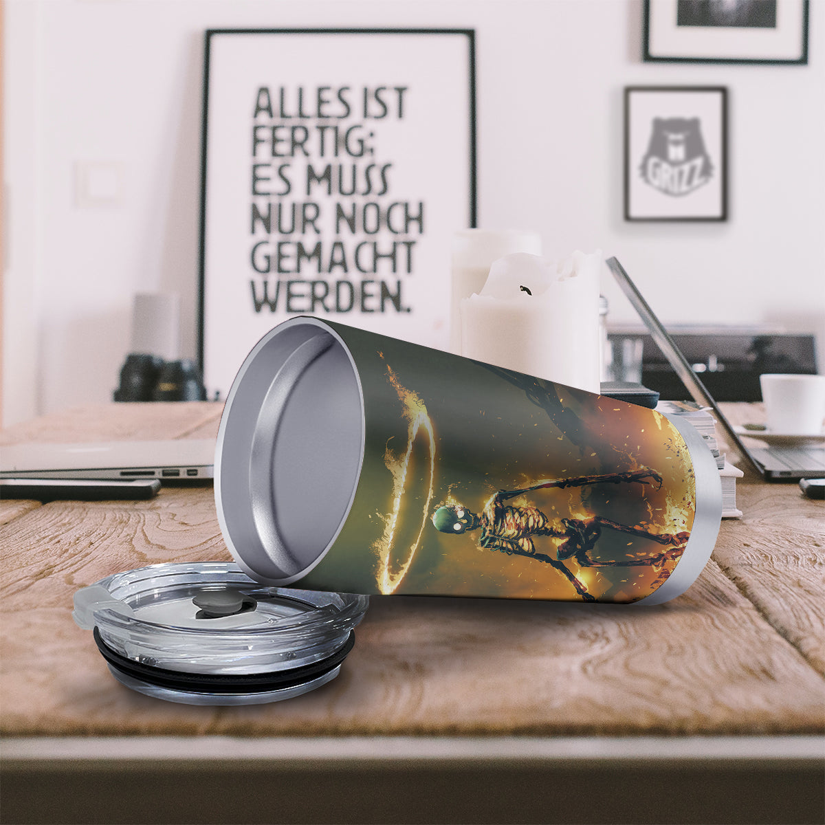 Fire Skeleton Print Tumbler-grizzshop