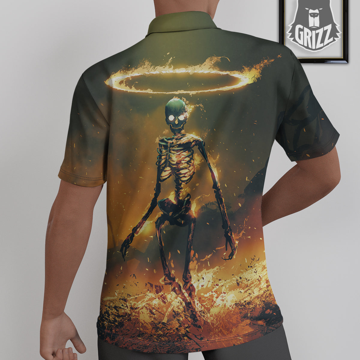 Fire Skeleton Print Untucked Shirts-grizzshop
