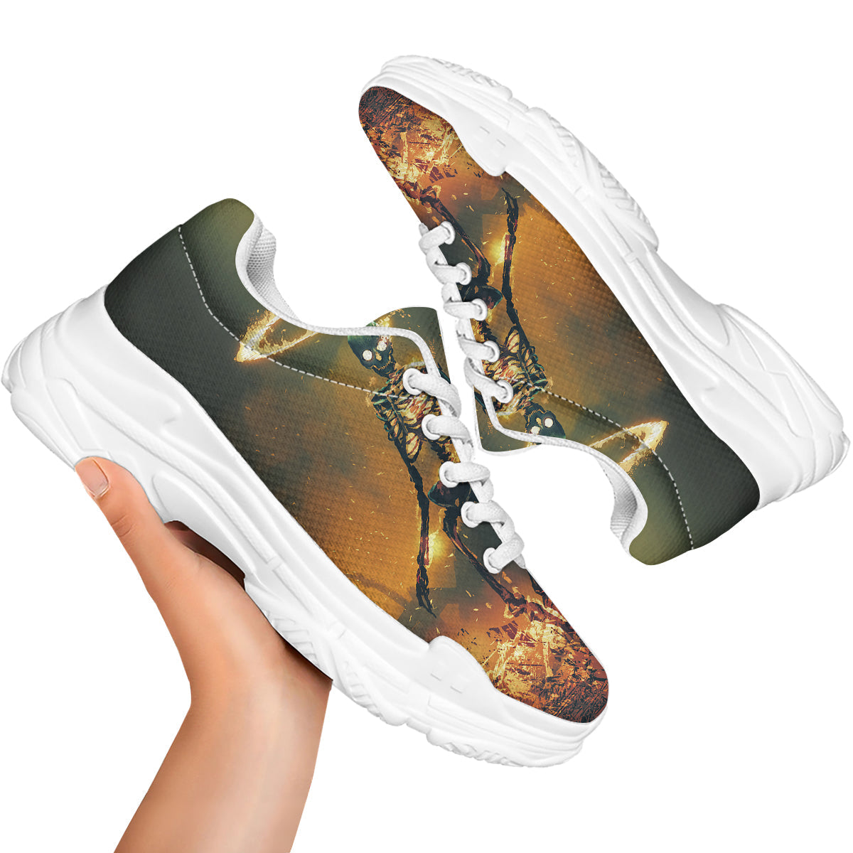 Fire Skeleton Print White Chunky Shoes-grizzshop