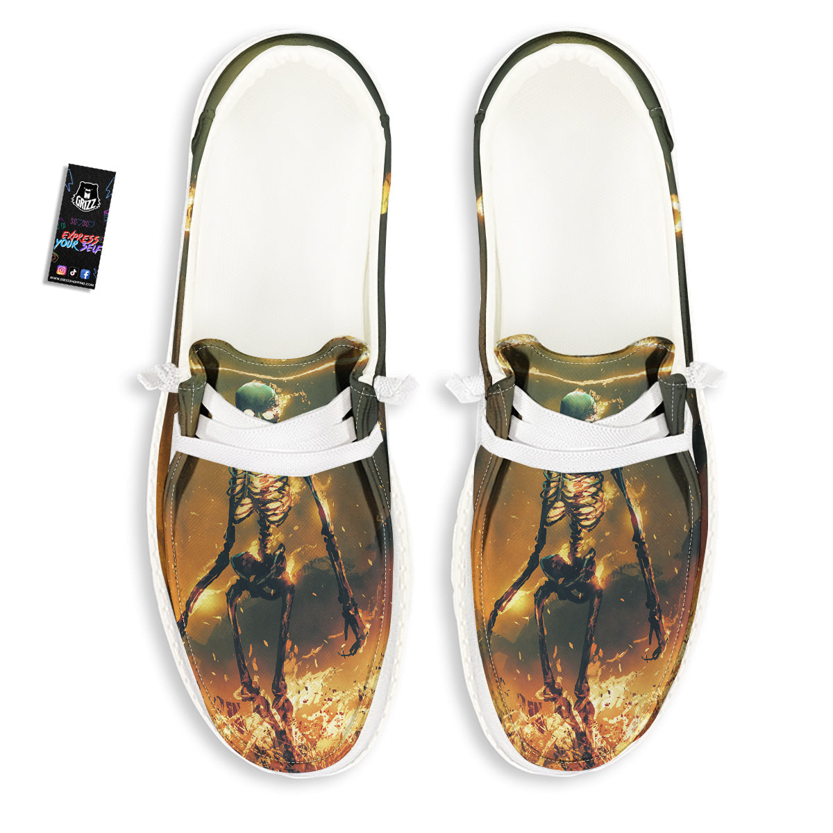 Fire Skeleton Print White Loafers-grizzshop