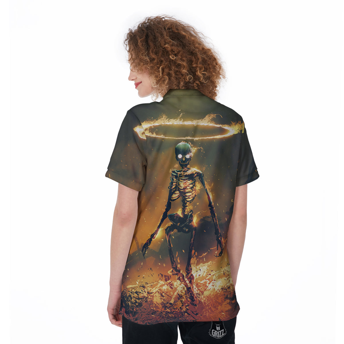 Fire Skeleton Print Women's Golf Shirts-grizzshop
